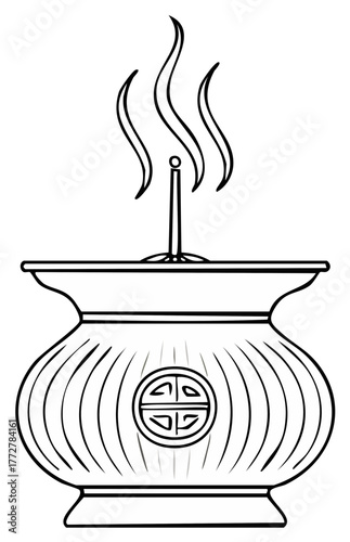 Traditional Asian incense burner with a burning stick and smoke vector line art