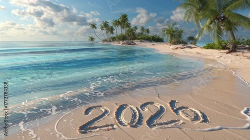 Year 2026 written in beach sand with tropical ocean waves on an idyllic shore
