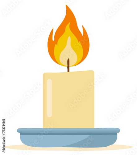 Elegant lit candle illuminating the scene with bright orange and yellow flame emitting warm light above light blue candle holder