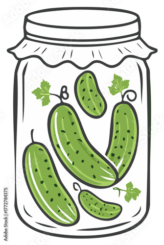 Drawn Jar Full of Pickled Cucumbers with Green Leaves and Vines