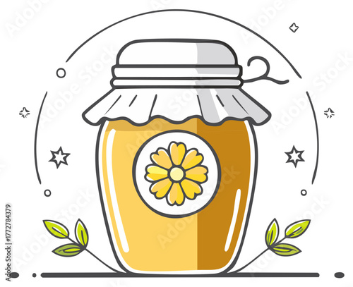 Golden Honey Jar with Flower Emblem and Decorative Elements