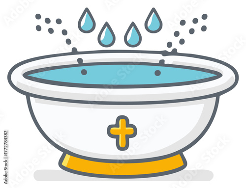 Font Bowl with Water Drops and Cross Symbol for Baptism Ceremony