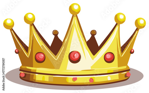Cartoon Golden Crown Embellished with Red Jewels and Topped with Yellow Spheres, Symbolic of Royalty and Power