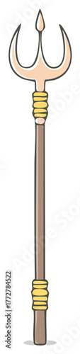Cartoon illustration of a long three pronged trident with yellow bindings for sea mythology
