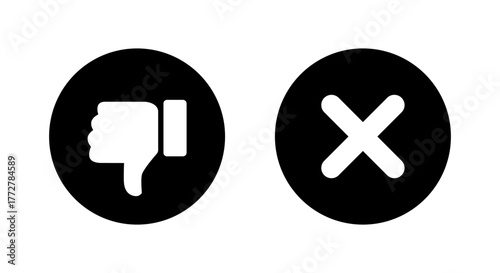 Dislike and cancel icon in black circle. Thumbs down and cross symbol. Negative feedback and rejection sign
