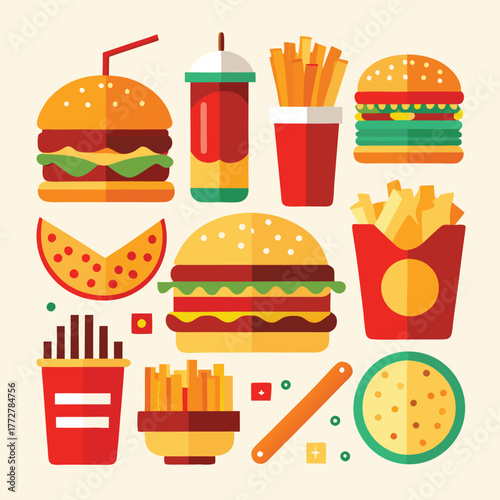 An illustration of various burger and fast-food items