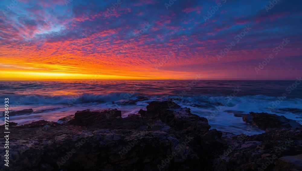 Fototapeta premium Dramatic sunrise over a rugged shoreline with vibrant hues of orange and blue, highlighting the beauty of nature