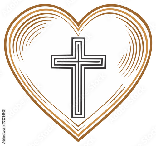 Christian Cross Inside Stylized Heart Shape, Religious Symbolism in Gold Brown Color