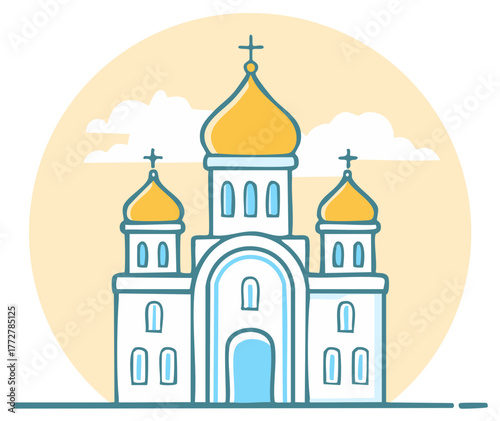 Illustration of Orthodox Church with Golden Domes and Crosses