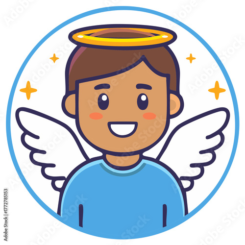 Smiling Angel Character with Wings and Halo Isolated in Blue Circle Frame Cartoon Style