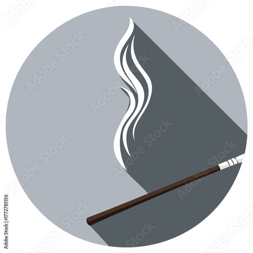 Abstract burning stick with rising white smoke flat design icon on gray circle long shadow background