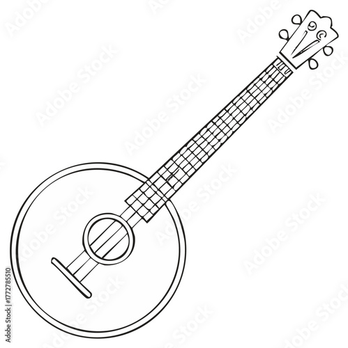 Black and White Graphic: Banjo Illustration with Strings and Tuning Pegs