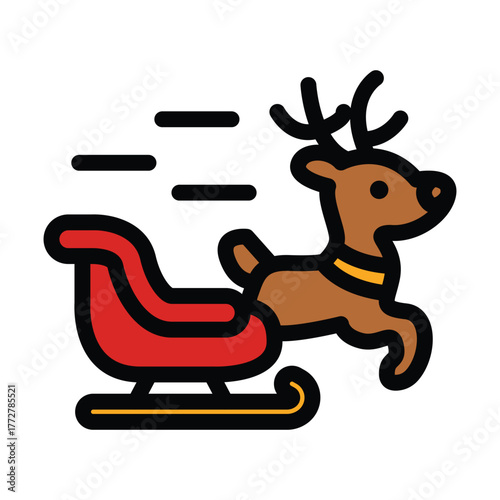Reindeer pulling red sleigh, floating through the air. Festive holiday design suitable for christmas cards, winter themed advertisements, and childrens books.