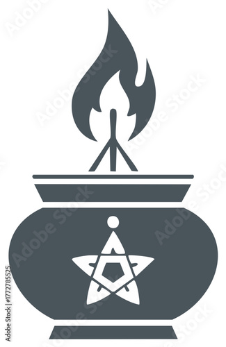Wiccan Ritual Cauldron with Star Symbol and Fire Flame Burning Mystical Occult Witchcraft Theme