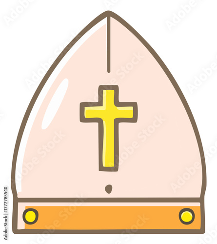 Hand drawn cartoon miter hat with yellow cross Christian religious symbol illustration