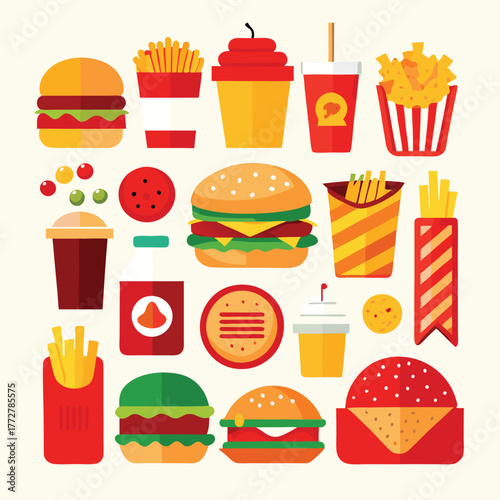 An illustration of various burger and fast-food items