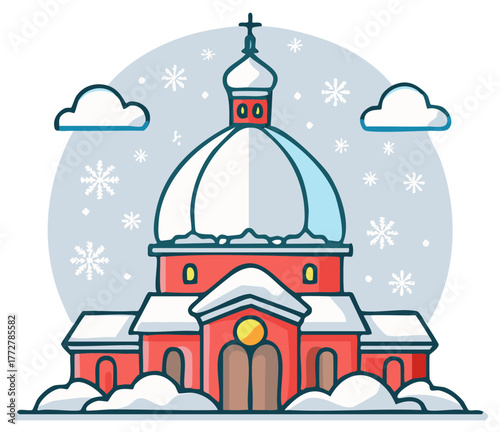 Cute cartoon illustration of a traditional red church covered in snow during a winter snowfall