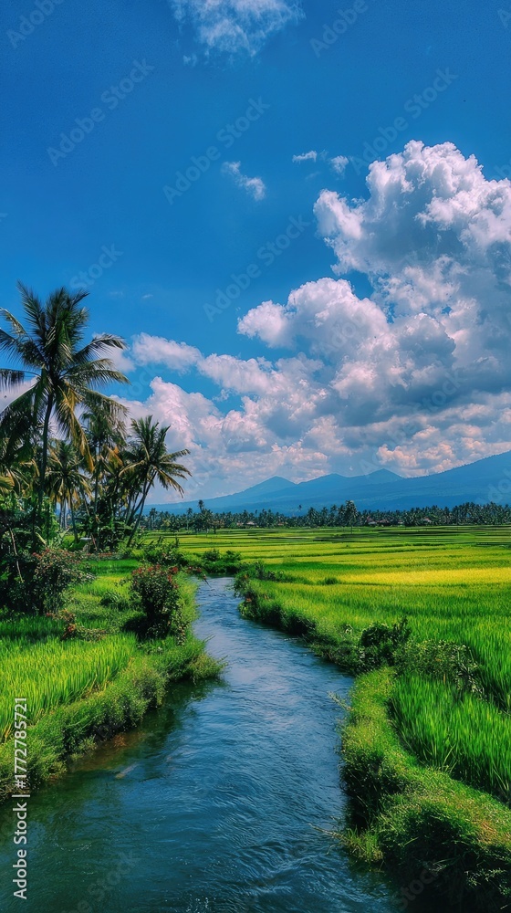 Obraz premium Lush green field with a river, palm trees, mountains, and bright blue sky