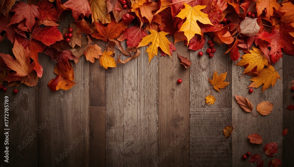 Obraz premium Autumn leaves scattered on a wooden surface, seasonal change