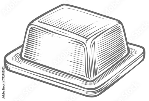 Butter dish and butter illustration, hand drawn engraving style, food concept.