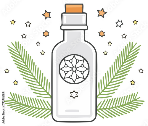Stylized bottle with winter motif and fir branches surrounded by stars