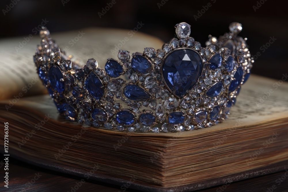 Obraz premium Sapphire-Studded Crown on Velvet Book