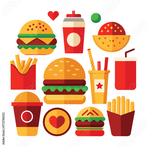 An illustration of various burger and fast-food items