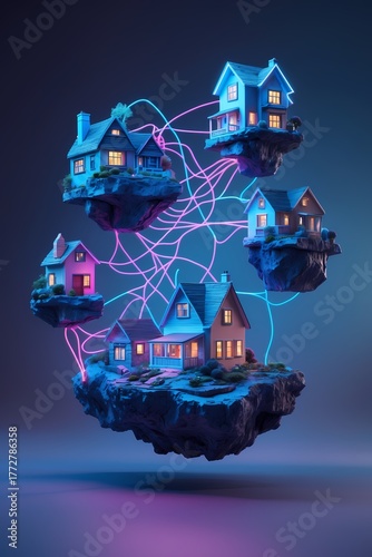 professional photo of a surreal artwork featuring intricately detailed houses of various shapes and sizes floating in mid-air connected by vibrant neon threads that glow with a soft blue and pink hue