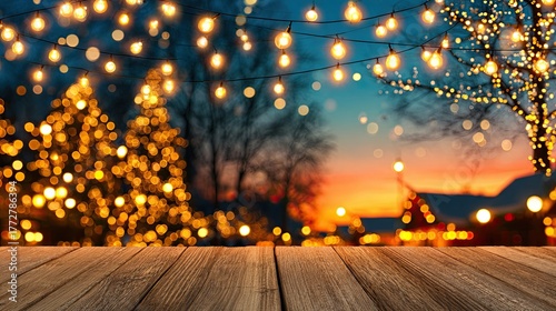 Scandinavian Christmas Flat Lay A beautiful evening scene with twinkling lights and trees during sunset.
