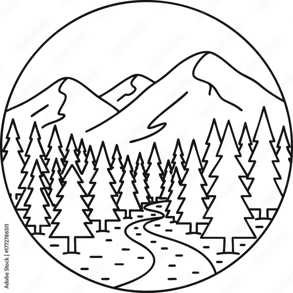 Naklejka premium Line art illustration of a mountain landscape with a glacier, river and its reflection inside a circle