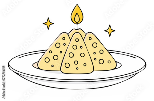 Traditional Paskha Easter cheese dessert with burning candle and sparkling stars