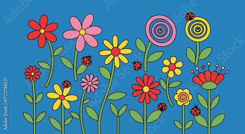 Whimsical floral meadow with ladybugs a playful garden scene evokes childlike joy and nature's charm