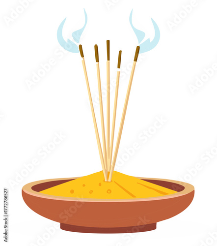 Burning incense sticks in a traditional brown bowl with yellow sand and smoke rising