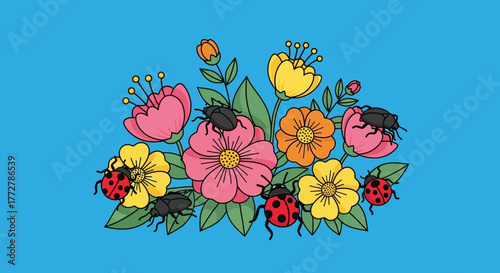 Delightful floral arrangement with ladybugs and dark beetles against a turquoise backdrop