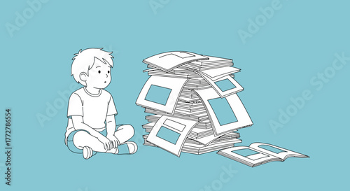 Illustration of a boy contemplating a huge stack of papers against a cyan background