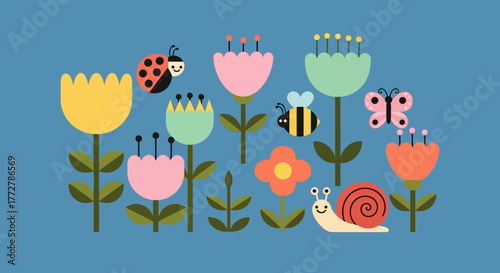 Stylized whimsical garden illustration with cute insects and colorful flowers on blue background