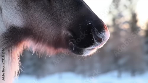 Reindeer Nose Closeup in Snowy Outdoor Environment