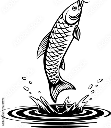 A dynamic illustration of a fish leaping out of the water, showcasing movement and energy. Perfect for fishing designs, logos, or aquatic-themed artwork.