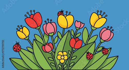 Floral illustration with tulips in vibrant colors and ladybugs on a blue background