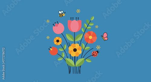 Stylized spring bouquet with cheerful insect companions on sky blue backdrop