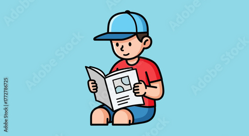 Boy engrossed in open book cartoon character with blue cap and positive expression