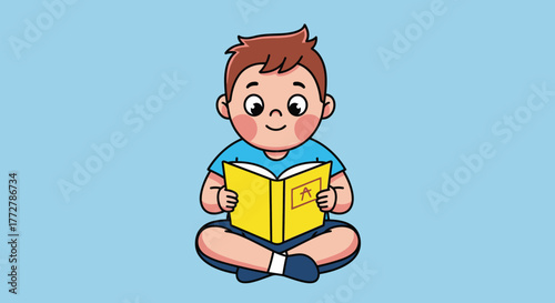 Illustration of a boy engrossed in reading a book while sitting in a relaxed pose