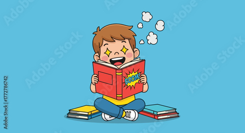 Boy engrossed in an exciting comic book adventure with stars in his eyes on light blue background