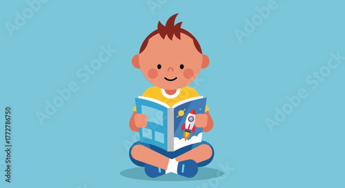 Charming illustration of a young boy engrossed in reading a captivating space adventure book