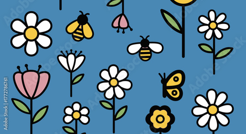 Playful meadow teeming with blossoming flowers and buzzing pollinators seamless vector repeat