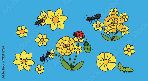 Illustration of yellow flowers with playful insects on a serene blue background conveying