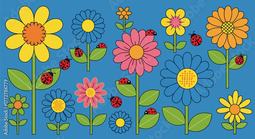Cheerful floral arrangement with colorful retro flowers and playful ladybugs on a bright blue