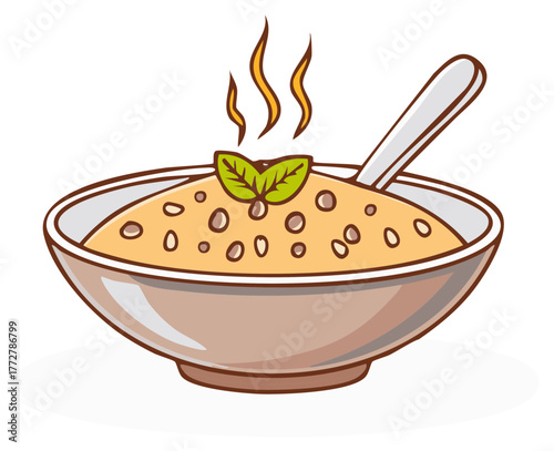 Warm bowl of creamy soup with fresh mint garnish and steam rising