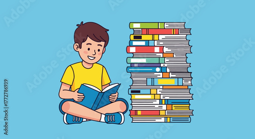 Cartoon boy engrossed in a story, sitting cross-legged next to a towering stack of books
