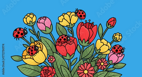 Cartoon illustration showcasing blooming flowers and charming ladybugs against a sky backdrop